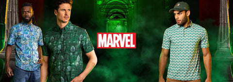 three-men-wearing-marvel-doctor-doom-patterned-shirts-with-a-marvel-logo-in-the-center