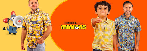 three-models-wearing-colorful-minions-themed-short-sleeve-button-up-shirts-pose-against-a-bright-orange-and-yellow-background-with-the-illumination-minions-logo-in-the-center