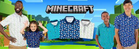 a-promotional-banner-featuring-four-people-modeling-rsvlts-x-minecraft-themed-polo-shirts-with-the-minecraft-logo-displayed-at-the-top-against-a-blocky-colorful-game-style-background