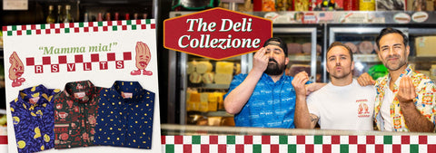 three-men-posing-in-a-deli-setting-with-the-deli-collezione-sign-and-wearing-rsvlts-kunuflex-shirts-clothing-display
