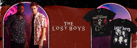 a-promotional-banner-for-the-lost-boys-featuring-two-male-models-wearing-rsvlts-x-the-lost-boys-patterned-shirts-on-the-left-two-black-graphic-t-shirts-on-the-right-with-night-riders-and-the-lost-boys-band-graphics-and-the-text-the-lost-boys-in-the-center-against-a-dark-red-textured-background