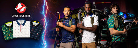 a-ghostbusters-themed-promotional-banner-featuring-three-men-in-ghostbusters-proton-packs-and-polo-alongside-three-polo-shirts-on-the-left-and-the-ghostbusters-logo-at-the-top-left