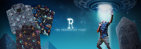 a-rsvlts-promotional-banner-for-the-roosevelts-files-featuring-three-mens-button-down-shirts-with-various-graphic-prints-on-the-left-a-central-white-r-logo-and-a-man-in-a-matching-blue-patterned-shirt-and-khaki-shorts-reaching-up-toward-a-glowing-ufo-under-a-dark-blue-starry-sky