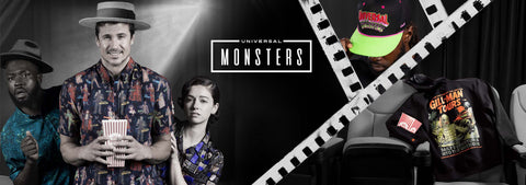 a-promotional-collage-for-universal-monsters-merchandise-featuring-a-central-man-in-a-rsvlts-patterned-shirt-holding-popcorn-two-other-men-in-hats-on-the-left-a-filmstrip-graphic-a-neon-cap-a-t-shirt-and-a-dark-backdrop-with-the-universal-monsters-logo