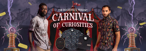promotional-banner-for-the-roosevelts-present-carnival-of-curiosities-featuring-two-men-in-patterned-shirts-flanking-a-red-carnival-tent-with-a-display-of-a-blue-patterned-shirt-and-a-black-pocket-watch-set-against-a-dark-gothic-background-with-lightning-and-gold-tickets