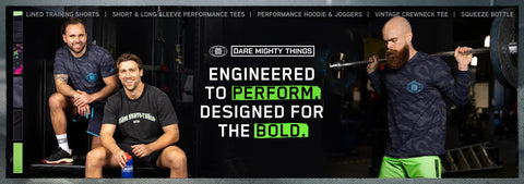 two-men-sitting-on-a-bench-with-a-third-lifting-weights-featuring-rsvlts-athletic-dare-mighty-things-branding-and-text