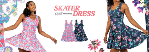 a-rsvlts-promotional-banner-for-a-sleeveless-skater-dress-showing-two-models-wearing-floral-versions-of-the-dress-in-pink-and-navy-blue-with-smaller-center-views-of-the-dress-designs-and-the-text-skater-dress-and-rsvlts-originals-on-a-white-background