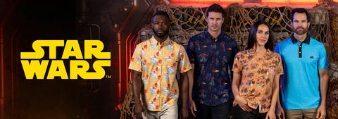 four-people-standing-together-in-front-of-a-dark-star-wars-themed-backdrop-wearing-rsvlts-colorful-patterned-kunuflex-shirts-and-polos-the-star-wars-logo-is-visible-in-large-yellow-text-on-the-left-side-of-the-image
