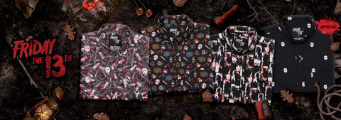 four-patterned-button-up-shirts-from-rsvlts-are-displayed-in-a-flat-lay-arrangement-on-a-dark-forest-floor-background-with-autumn-leaves-lanterns-and-a-red-friday-the-13th-logo
