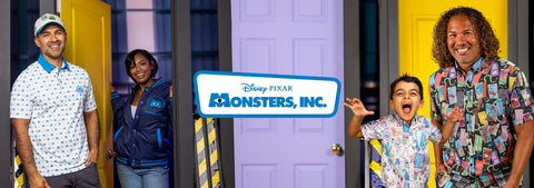 four-people-standing-in-front-of-a-purple-disney-pixar-monsters-inc-door-with-bright-yellow-side-panels-wearing-rsvlts-x-monsters-inc-collab-shirts-polo-and-jacket