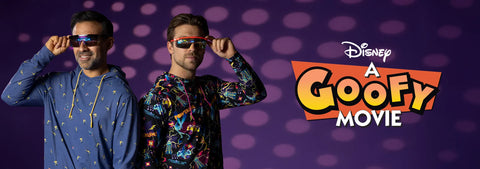 two-men-wearing-sunglasses-with-a-a-goofy-movie-disney-logo-on-a-purple-polka-dot-background