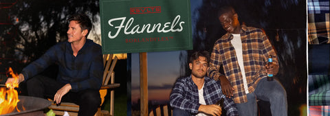 a-promotional-banner-for-rsvlts-flannels-showing-three-men-in-casual-outdoor-settings-wearing-plaid-and-flannel-shirts-alongside-a-green-sign-with-the-rsvlts-flannels-logo