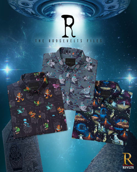 three-rsvlts-patterned-button-up-shirts-displayed-against-a-cosmic-space-themed-background-with-a-large-r-logo-and-the-roosevelts-files-text-the-shirts-feature-various-pop-culture-and-sci-fi-prints-including-cartoon-characters-and-space-scenes