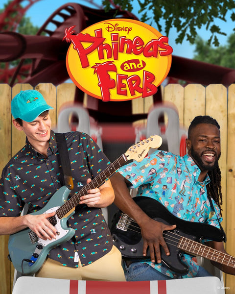 two-men-wearing-rsvlts-x-disneys-phineas-and-ferb-kunuflex-shirts-and-playing-guitars-with-phineas-and-ferb-logo-above-them