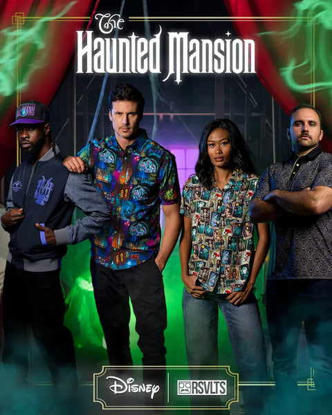 promotional-poster-for-disneys-the-haunted-mansion-featuring-four-cast-members-standing-in-front-of-a-dark-smoky-stage-background-with-red-curtains-and-green-fog-wearing-rsvlts-button-down-shirts-polo-jacket-and-hat-the-title-the-haunted-mansion-appears-at-the-top-with-disney-and-rsvls-logos-at-the-bottom