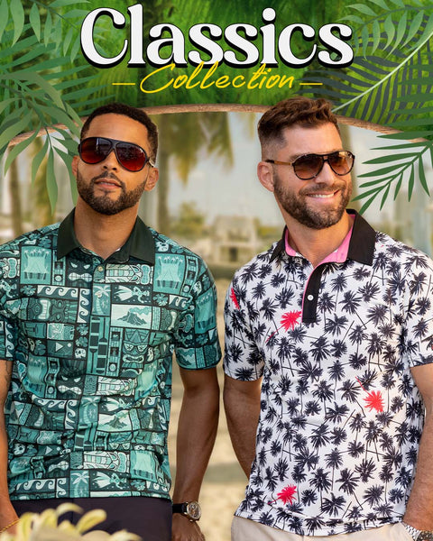 two-men-wearing-breakfast-balls-original-patterned-polos-with-sunglasses-standing-against-a-tropical-background