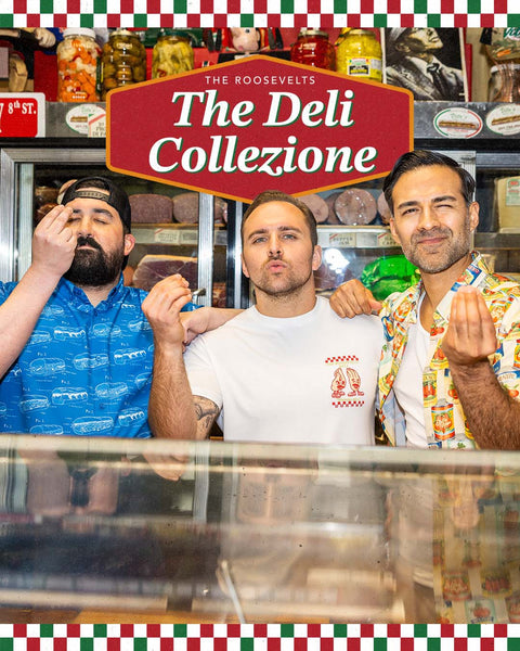 three-men-posing-in-front-of-a-deli-counter-wearing-rsvlts-deli-collection-kunuflex-shirts-with-the-deli-collezione-sign-above