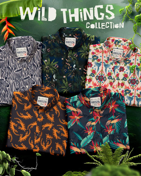 five-rsvlts-mens-kunuflex-short-sleeve-button-up-shirts-from-the-wild-things-collection-displayed-side-by-side-in-a-tropical-jungle-themed-setting-with-green-leaves-and-vines-the-shirts-feature-various-vibrant-patterns-including-floral-zebra-and-abstract-prints-in-black-orange-red-and-green