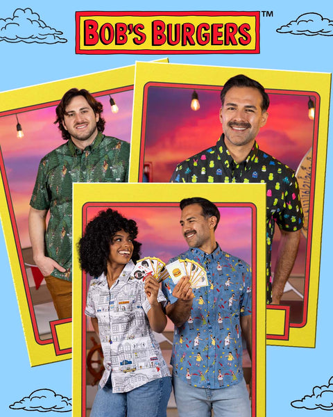 promotional-graphic-for-bobs-burgers-featuring-three-cartoon-style-photo-frames-with-models-wearing-rsvlts-x-bobs-burgers-collab-shirts-set-against-a-light-blue-background-with-clouds-and-the-bobs-burgers-logo-at-the-top