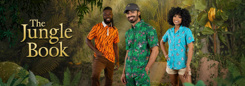 three-people-in-colorful-rsvlts-kunuflext-shirts-and-polos-outfits-with-the-jungle-book-text-and-jungle-background