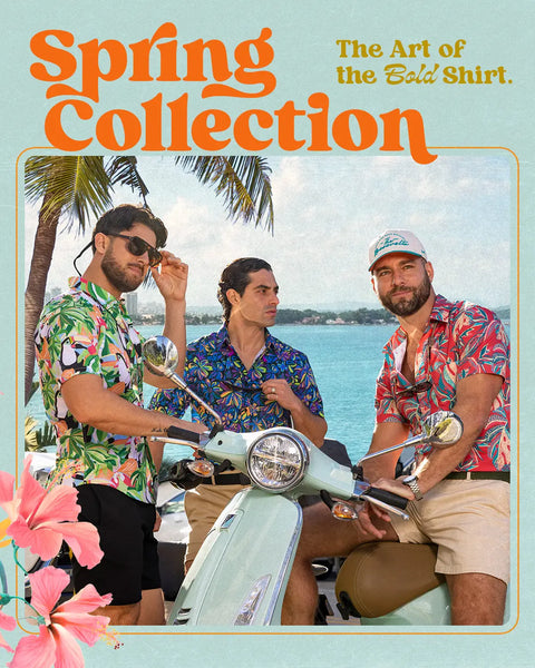 three-men-on-a-scooter-wearing-rsvlts-colorful-shirts-with-a-spring-collection-text-overlay