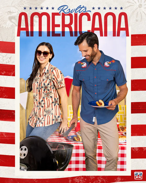 two-people-wearing-kunuflex-shirts-at-a-barbecue-with-rsvlts-americana-branding-on-a-patriotic-background