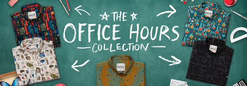 a-rsvlts-promotional-banner-for-the-office-hours-collection-showing-5-different-patterned-and-printed-button-down-shirts-arranged-on-a-green-chalkboard-background-with-white-chalk-style-text-and-arrows