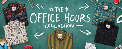 a-rsvlts-promotional-flat-lay-banner-for-the-office-hours-collection-showing-5-different-patterned-button-down-shirts-arranged-on-a-green-chalkboard-background-with-white-chalk-writing-and-office-themed-doodles