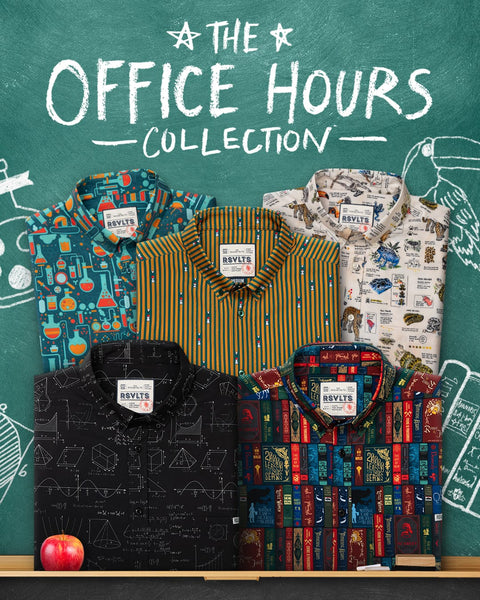 five-collared-shirts-from-the-office-hours-collection-by-rsvlts-are-displayed-in-a-classroom-style-setup-against-a-green-chalkboard-background-the-shirts-feature-various-patterns-including-colorful-scientific-instruments-yellow-and-orange-stripes-cartoon-characters-chalkboard-equations-and-book-spines