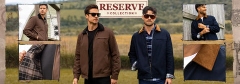 a-rsvlts-promotional-collage-for-the-reserve-collection-featuring-multiple-outdoor-and-studio-style-views-of-men-wearing-brown-and-navy-barn-jackets-with-close-up-detail-panels-and-a-central-logo-reading-reserve-collection
