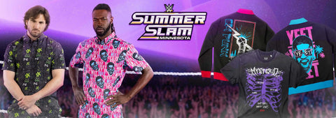 rsvlts-campaign-for-wwe-summer-slam-2024-in-minnesota-featuring-two-models-in-patterned-shirts-inside-a-ring-with-several-graphic-wwe-themed-t-shirts-and-hoodies-displayed-on-the-right-against-a-purple-arena-background