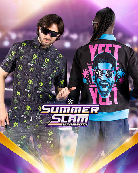 two-models-wearing-black-summer-slam-minnesota-graphic-shirt-and-matching-shorts-with-one-person-shown-from-the-back-wearing-a-black-jacket-featuring-a-large-pink-and-blue-graphic-of-the-same-person-and-the-words-yeet
