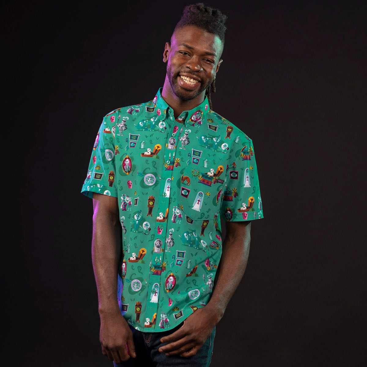 haunted mansion dress shirt Our Universe Disney Muppets Haunted Mansion Icons Woven Button-Up - Black