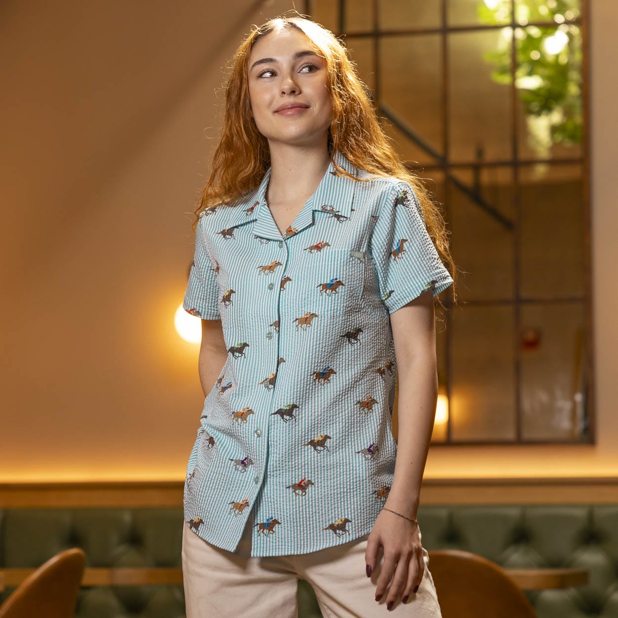 And They re Off Women s Stretch Seersucker Short Sleeve Shirt