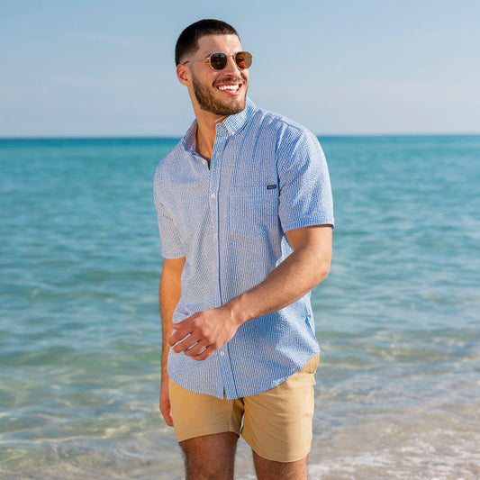 RSVLTS RSVLTS Short Sleeve Shirt We Sail Without Him – Stretch Seersucker Short Sleeve Shirt We Sail Without Him – Stretch Seersucker Short Sleeve Shirt