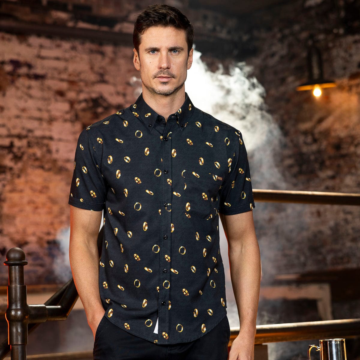 lord of the rings dress shirt The Lord of the Rings Scenic Characters Allover Print Woven Button-Up - BoxLunch Exclusive